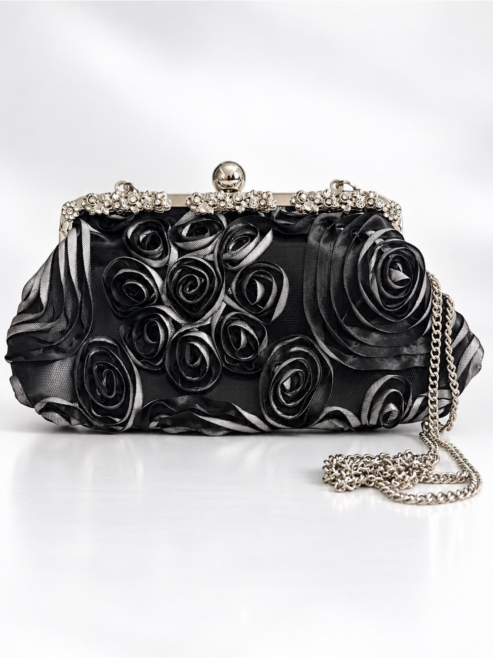 ICING Black Rose Floral Evening Bag Silver chain, Rhinestone Purse Clutch
